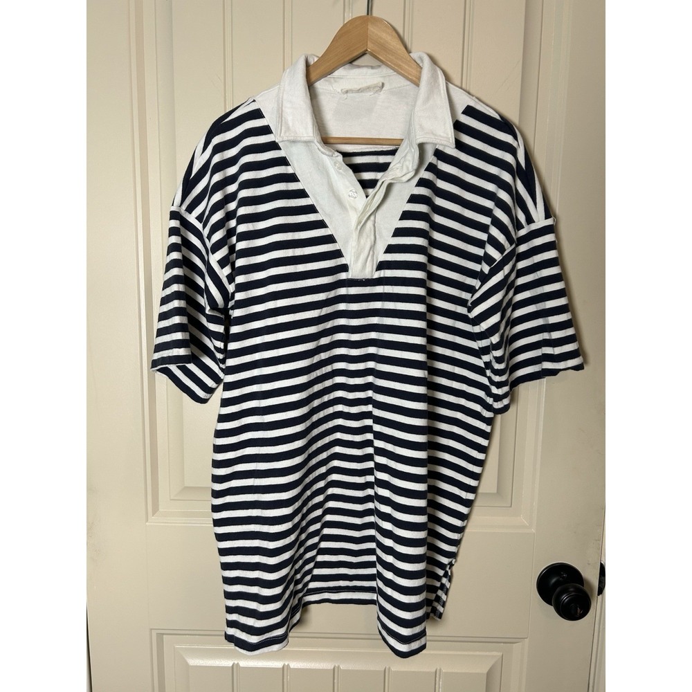 LaBiz Unisex Shortsleeve Polo 100% Cotton Stripped White Navy Nautica Preppy